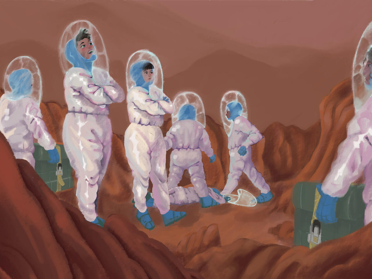 Digital Painting, Shows various people in space suits on what looks like mars. One person lies on the ground in the background with no helmet, and others around them look concerned. The two main characters look in the opposite direction and one seems very