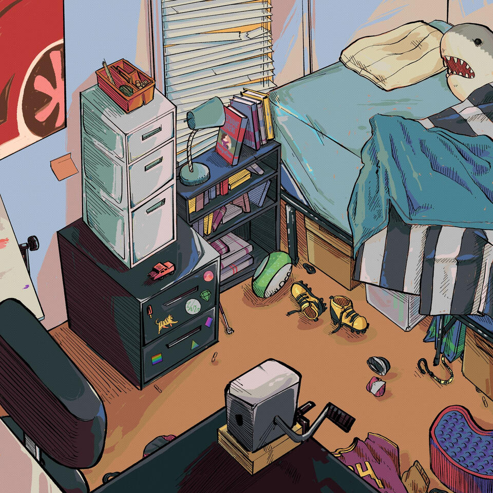 Digital Illustration, depicts a bedroom with lots of scattered items. It is a study on what a room can say about it's occupant.