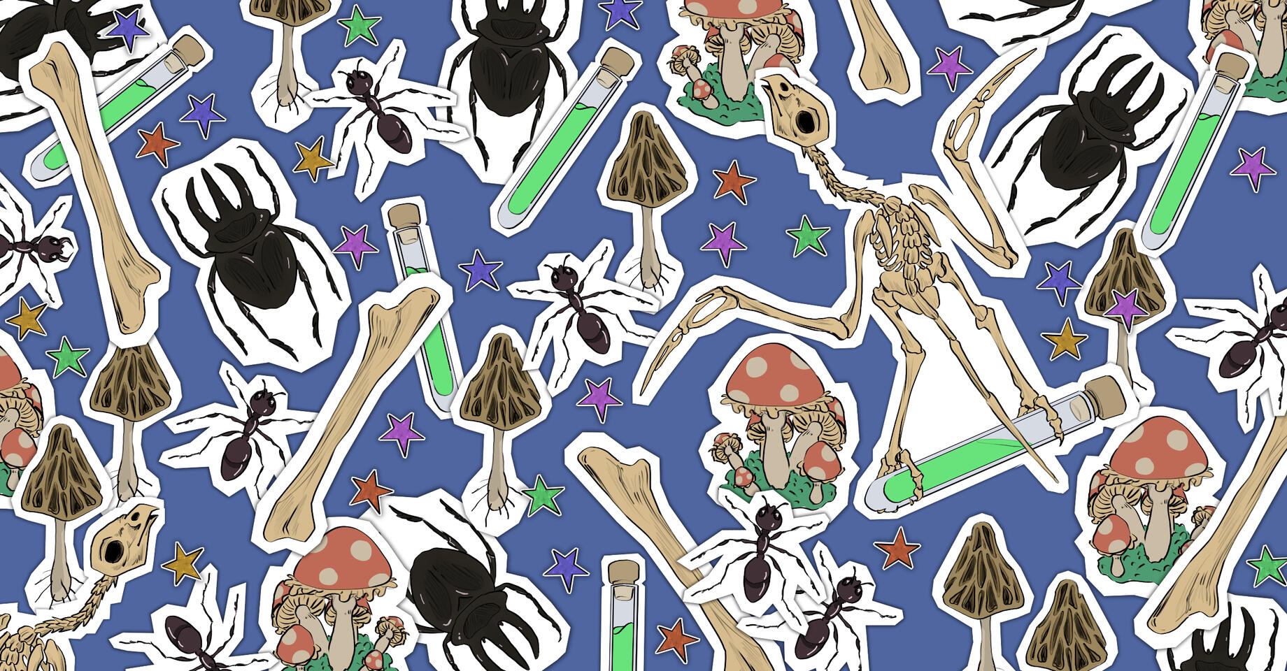 Digital Illustration, This binder cover is illustrated as if it is covered with stickers of bugs, bones, mushrooms, and vials.