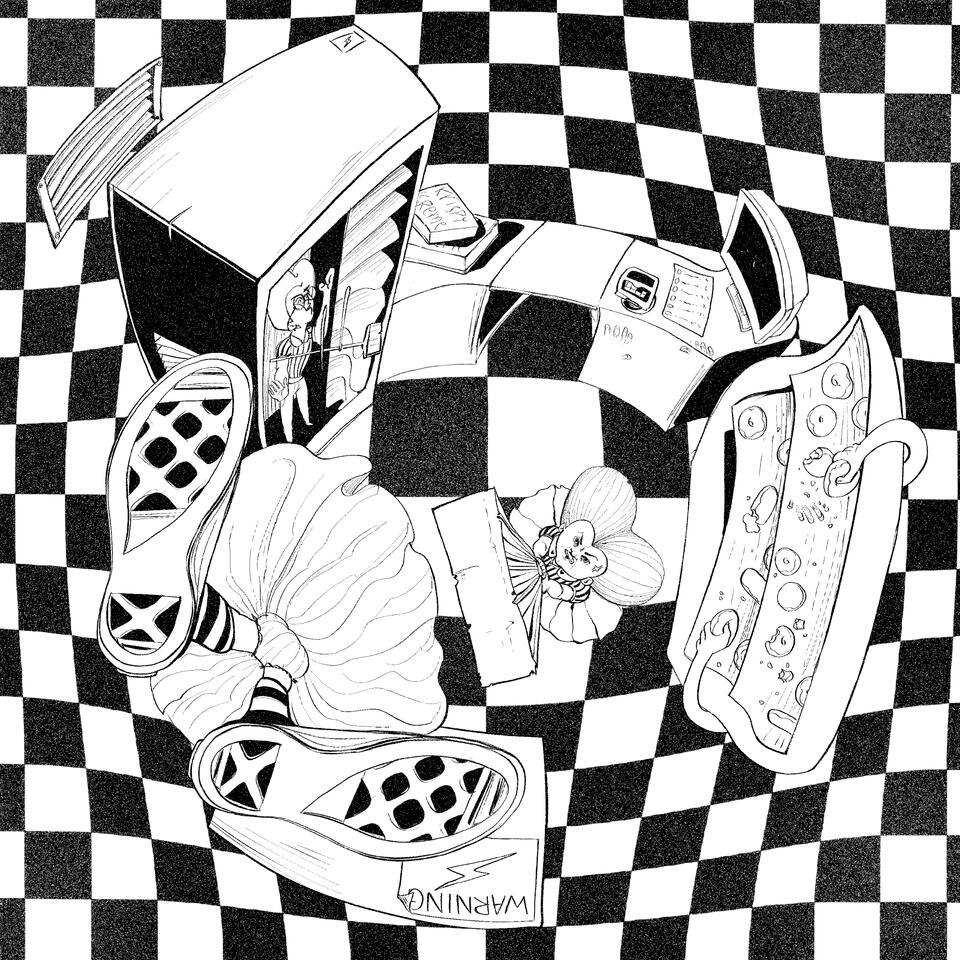 Digital illustration, based on a reimagining of Alice in wonderland, Alice is shown on the ceiling of a Krispy Kreme. The Queen of hearts is the manager and is trying to knock Alice off the ceiling with a broom. The queen's assistant manager is locked in t