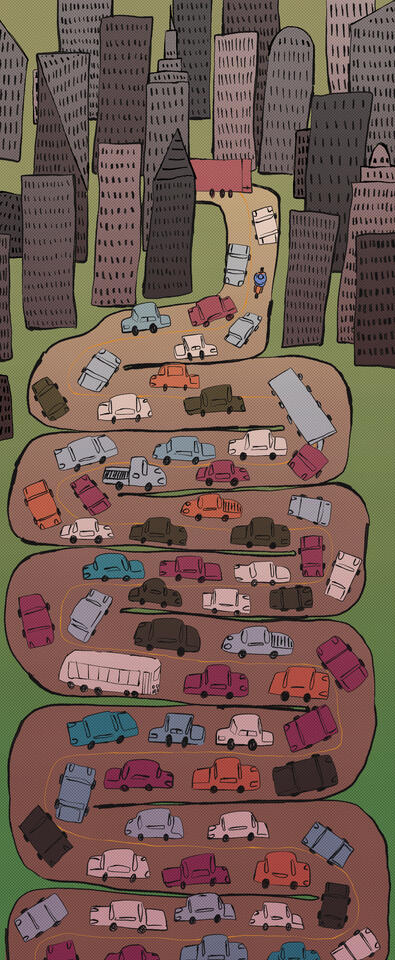 Digital Illustration, shows a congested colon of a roadway, leading into a city.