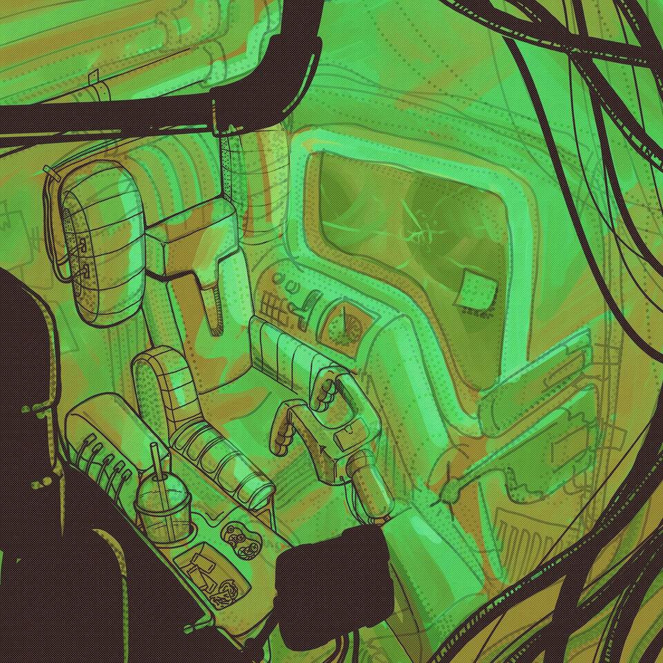 Digital Illustration, shows the inside of a spaceship, empty. The window is cracked and the cockpit looks abandoned.