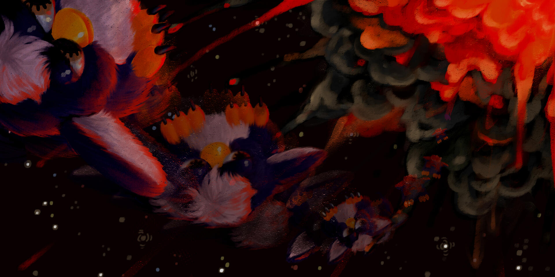 Digital Painting, a furby is shown at various positions as it is blasted through space by an explosion.