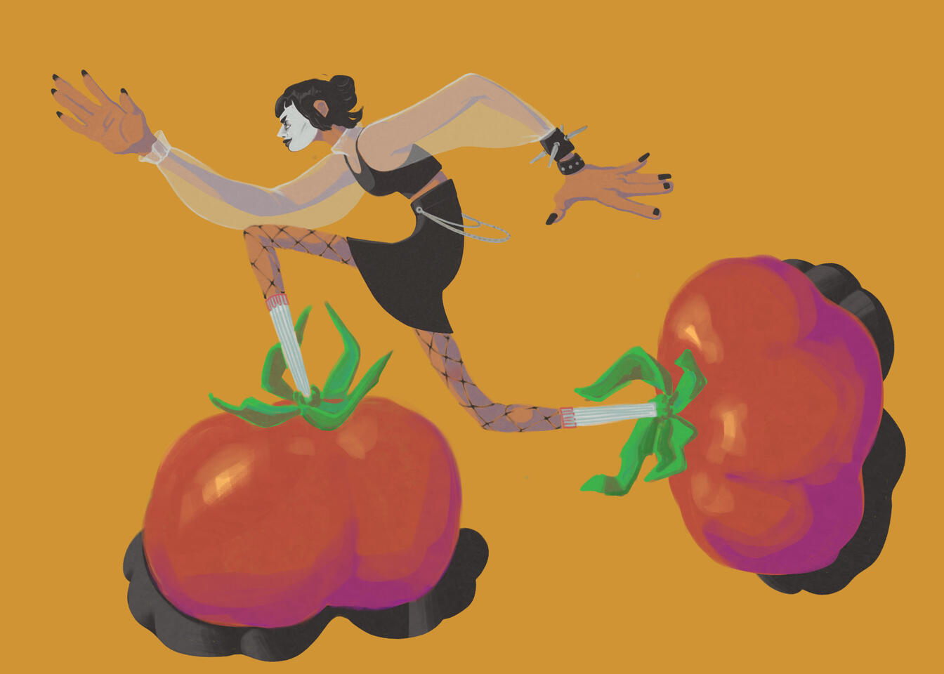 A digital painting, based off of the meme of tomatoes on a humanoid stem captioned "goth girls and their boots". It has a goth girl with large tomato boots.