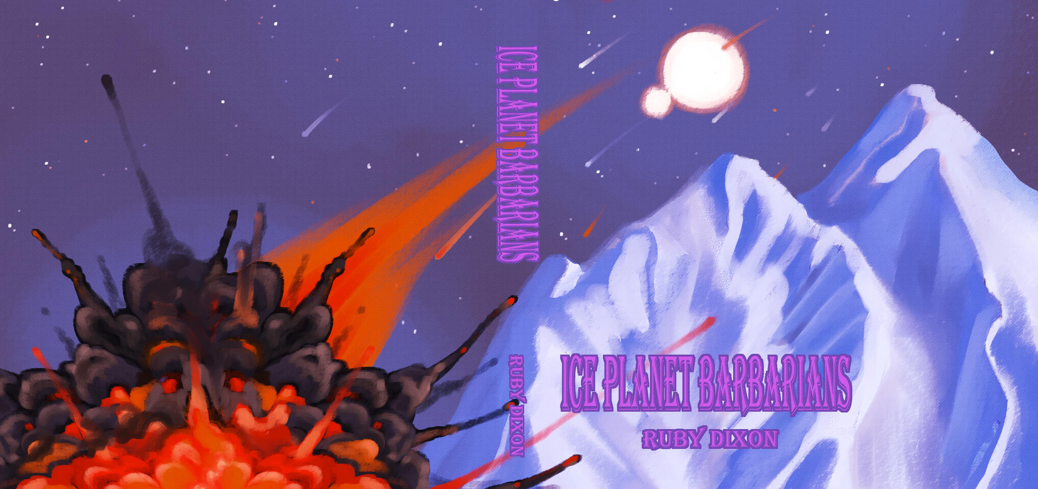 Digital Painting, Cover redesign for the titular first book of the Ice Planet Barbarians series. It has one side with mountains and two suns, and another side that has an explosion from a crashing spaceship.