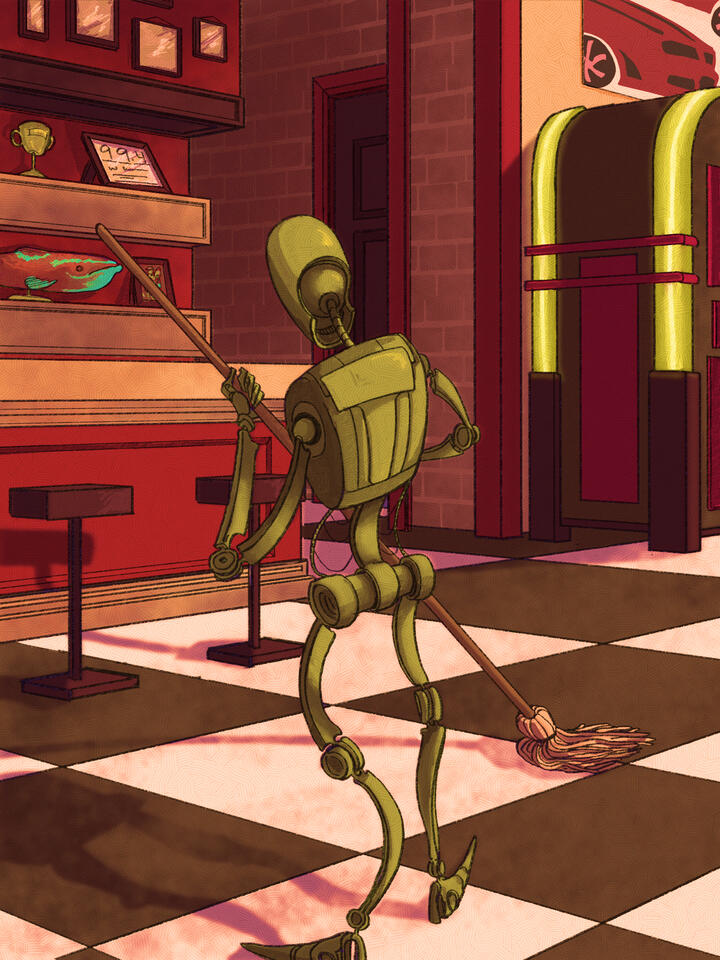 A digital illustration, portraying a robot cleaning a diner or bar, there is a jukebox and various knick knacks on the shelves behind the bar.